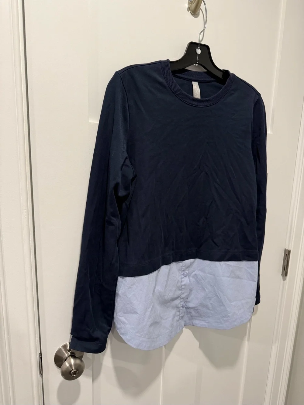 Athleta Gallery Layered Pullover Sweatshirt in Navy/Quarry Blue